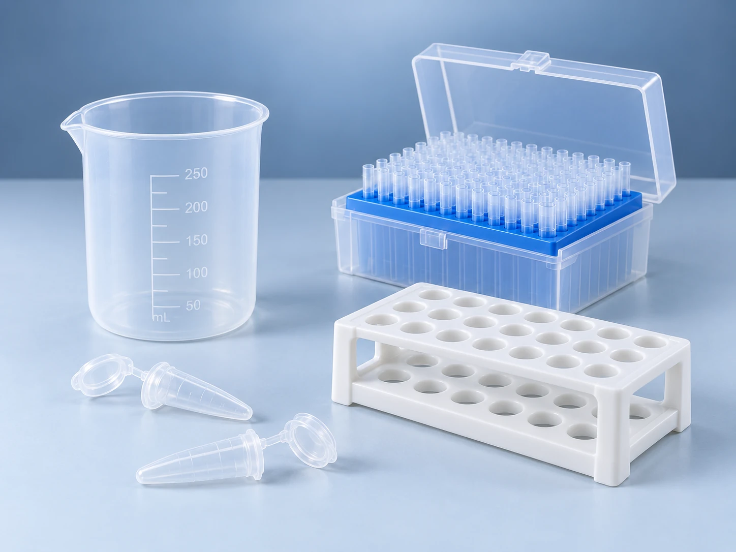 Injection-moulded laboratory beakers, sample tubes and pipette tip boxes