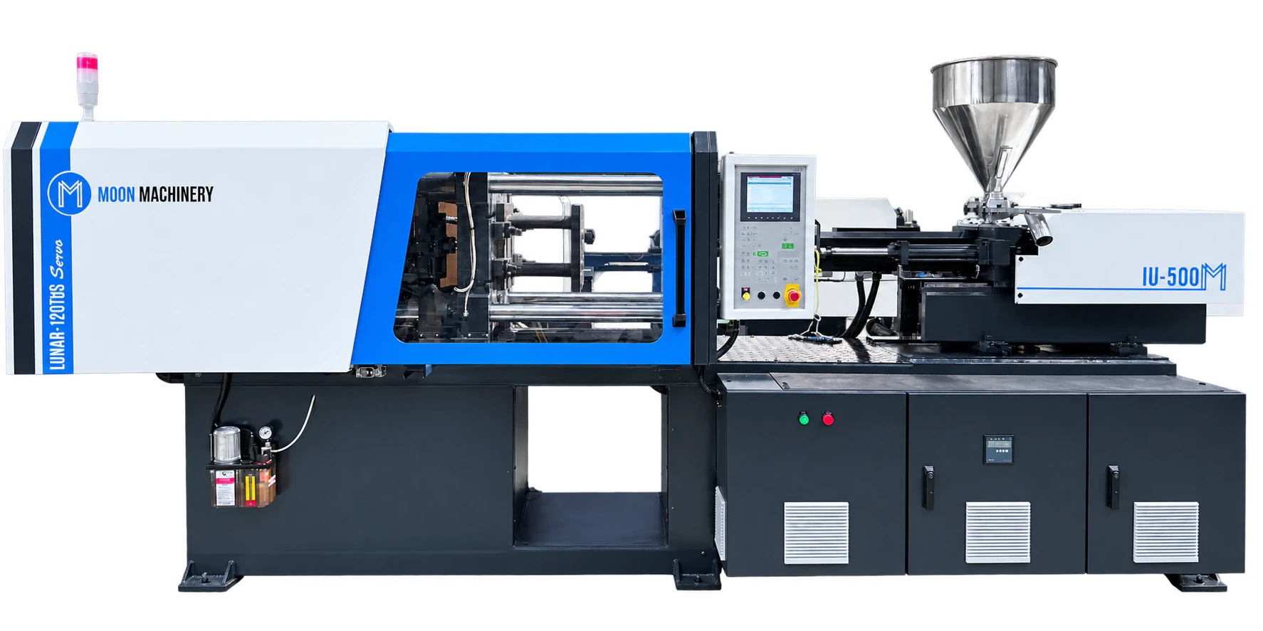 Moon Machinery injection moulding machine shown in profile