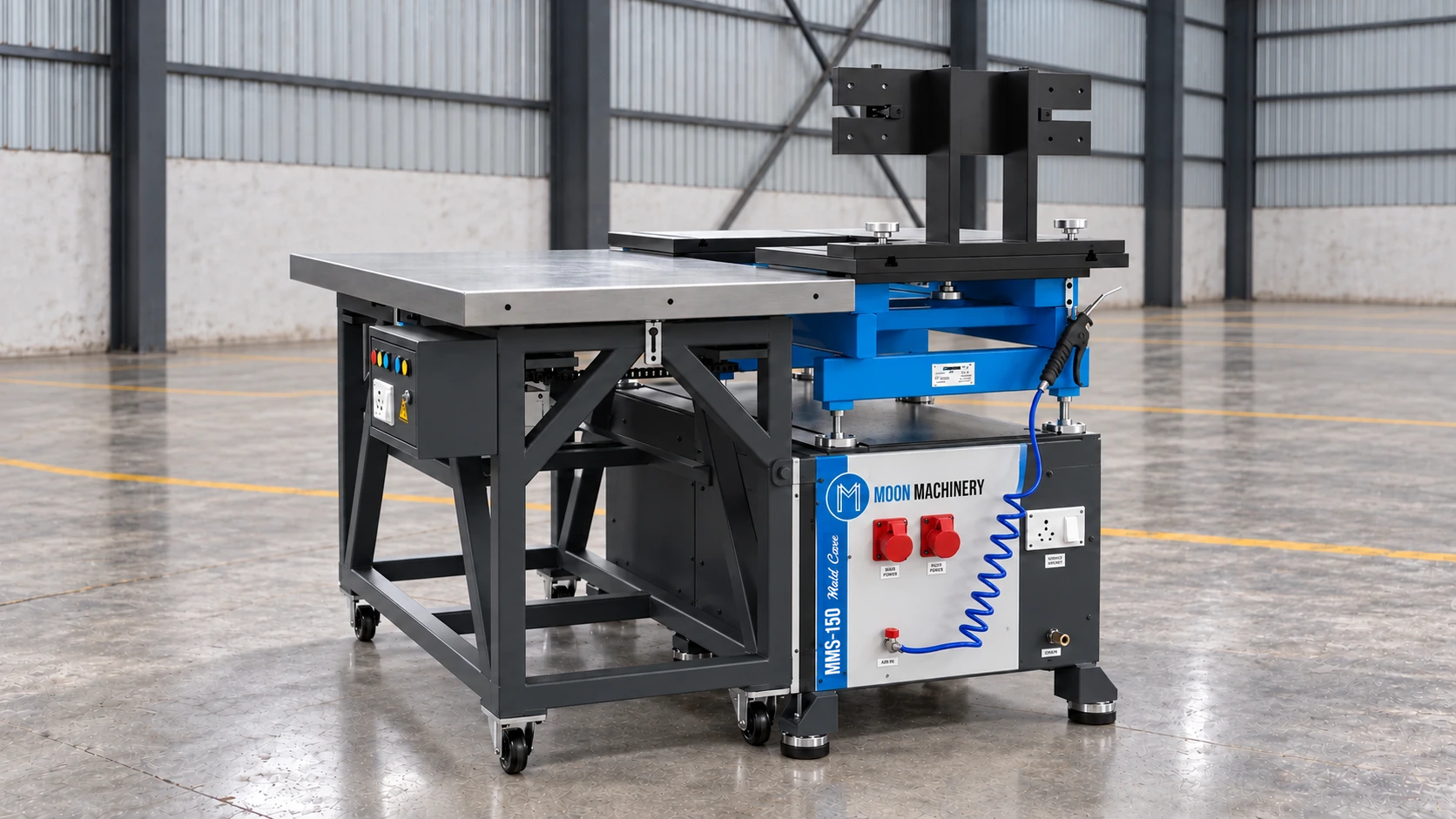 Rear view of the Mold Care MMS 150 maintenance station and extension table